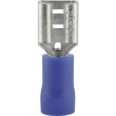 En blå, isolerad kontakt med metallisk kontakt för kabelstorlekar 16-14 AWG. Övre delen av metall synlig.