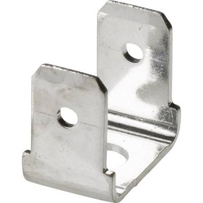 Metallvinkel med tre hål för fästning; rektangulär form med avrundade kanter, reflekterande yta.
