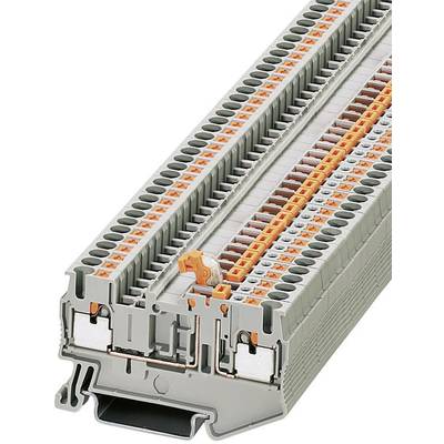 Grå radkopplingsplintsblock med orange spärrspakar, lämplig för elektrisk kabelanslutning; visar flera anslutningar och klämmor.