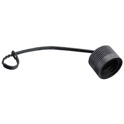 Svart plastlock med fästningsring och flexibelt band, lämpligt för tätning av behållare eller flaskor.