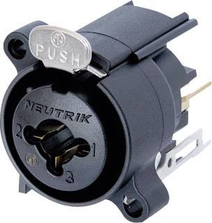 Kontaktdon med märkning 'NEUTRIK', svart hölje, silvergrå tryckknapp märkt 'PUSH', elektrisk anslutningsenhet.