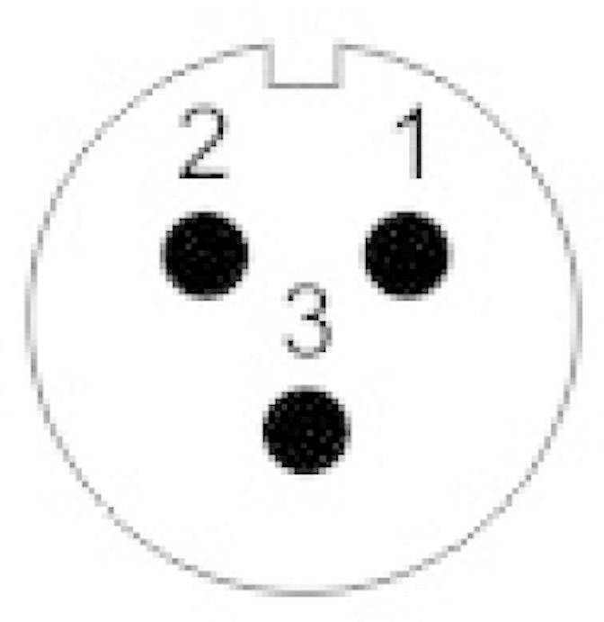 Tekniskt diagram över en trepolig elektrisk kontakt, numrerade kontakter 1 till 3. Visar kontakternas arrangemang och position.