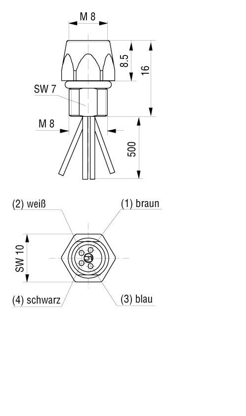 Teknisk ritning av en kontakt med dimensioner: M8-gänga, SW7. Vy uppifrån med fyra markerade kontakter i olika färger.