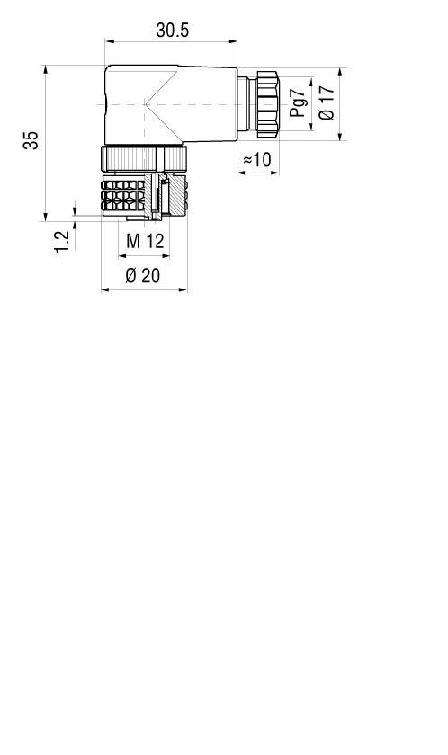 Teknisk ritning av en 90-graders vinkel med dimensioner i millimeter. Visar anslutningar med M12- och PG7-gängor.