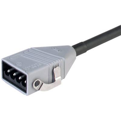 En grå 4-polig kontakt med svart kabel, som används för elektriska anslutningar.