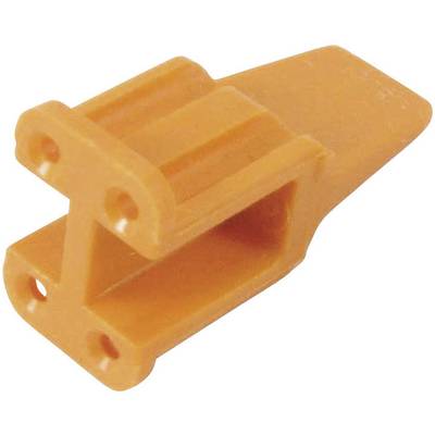 En orangefärgad plastdetalj med rektangulär form och fyra runda hål, möjligen en förbindelsedetalj för mekaniska ändamål.