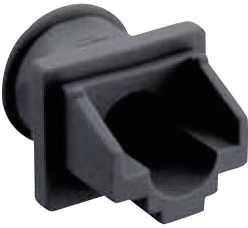 Svart plastdetalj med rektangulär öppning och avrundade kanter, troligen en teknisk komponent eller adapter.