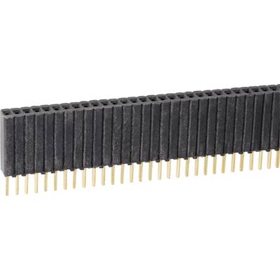 Svart kontakt med flera guldfärgade stift, insatt i en elektronisk komponent, horisontell orientering.