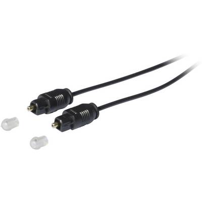 Svart optisk audiokabel med två kontakter och två avtagbara skyddskåpor.