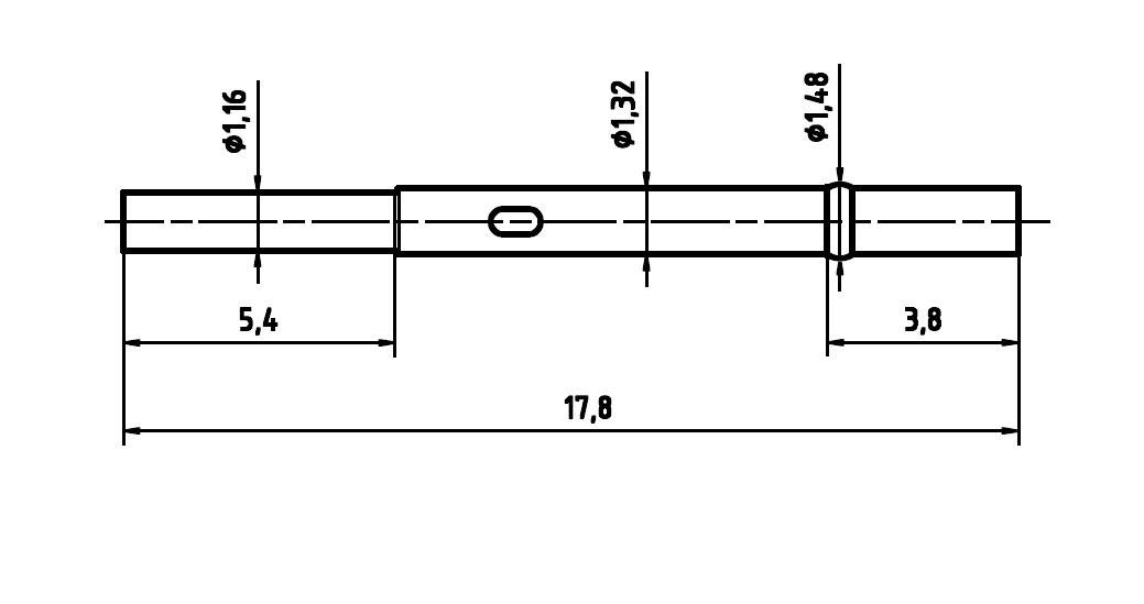 Streckad teckning av ett cylindriskt objekt med mått: Längd 17,8 cm, diameter varierande från 1,16 till 1,48 cm. Markering vid 5,4 cm och 3,8 cm.