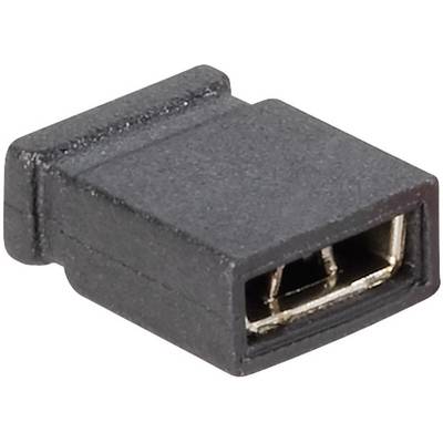 En svart adapterstickkontakt med rektangulär anslutning, lämplig för elektroniska anslutningar, silvriga kontakter synliga.