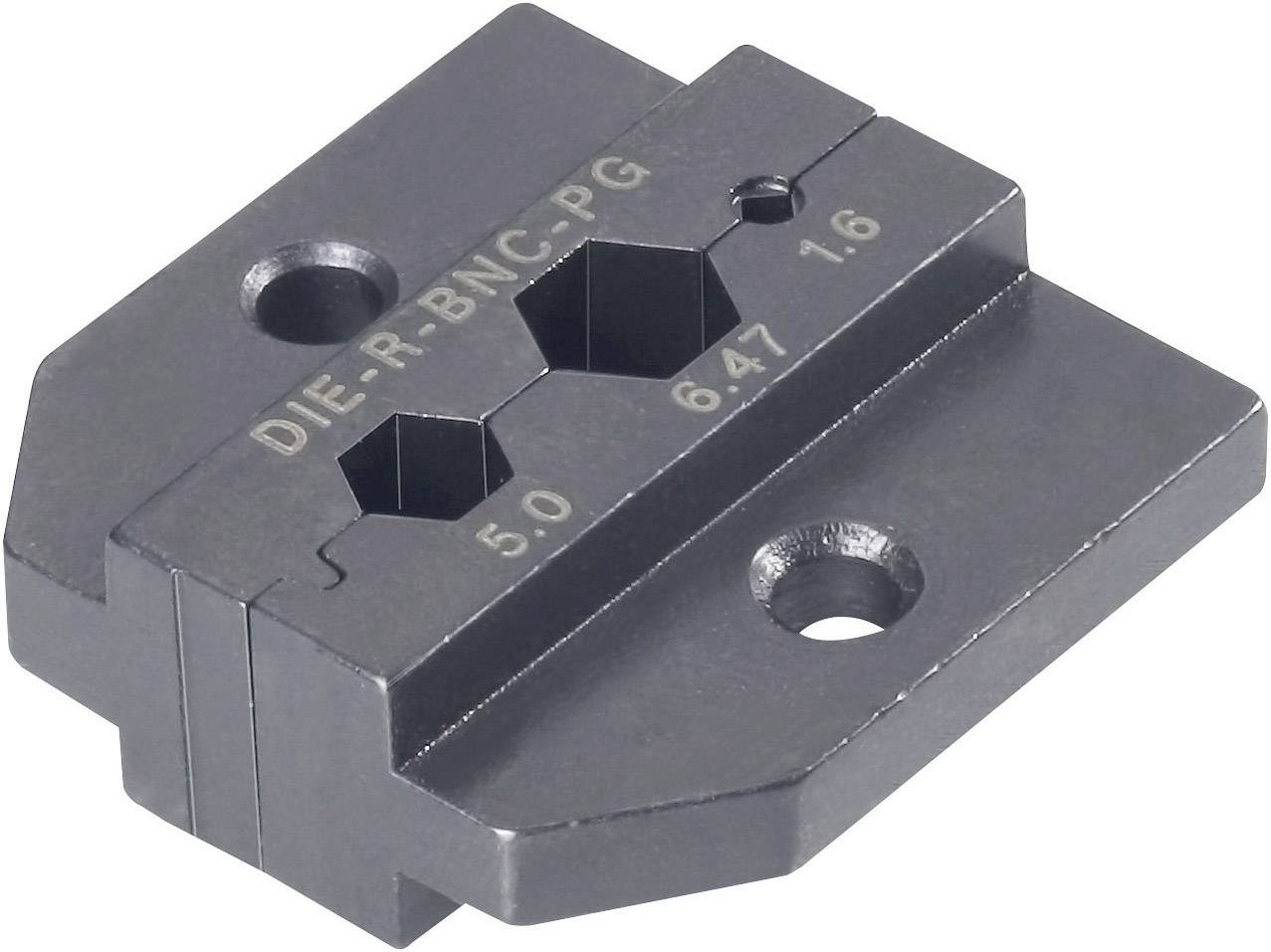 Metalliskt verktygsdetalj med två hexagonala öppningar, märkt med 'DIE-R-BNC-PG', '5.0', '6.47', '1.6' och två skruvhål.