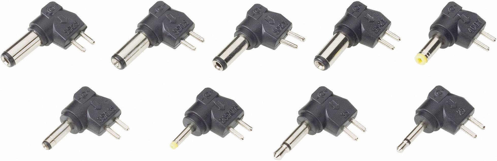 Åtta olika svarta nätadapterkontakter med metallstift på rad. Varje kontakt har en något annorlunda form och storlek.