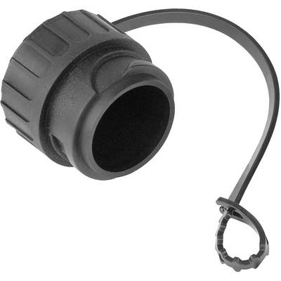 Svart plastlock med räfflad yta och flexibel rem för fästning, avtagbart för avgränsningsbelysning.