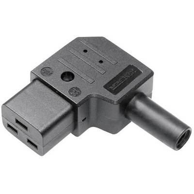 Svart IEC C14 vinkelbockad adapter, möjliggör omdirigering av en strömkabel i 90 graders vinkel, för bättre kabelhantering och utrymmesbesparing.