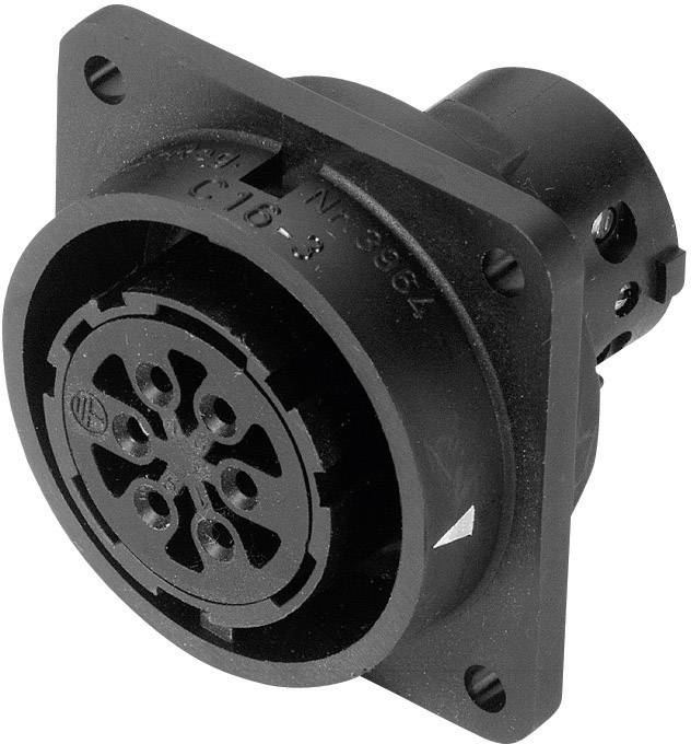 Rund, svart uttag med flera stift, stort anslutningsområde och synligt skruvfästningshål, huvudsakligen avsett för industriella tillämpningar.