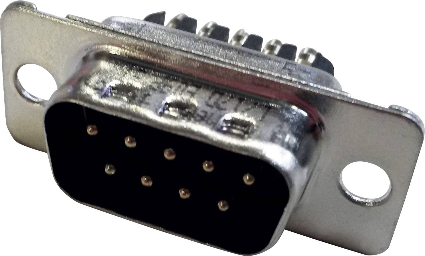 Närbild av en hane D-Sub-kontakt med 9 stift, vanligt förekommande för seriella anslutningar i datorer och elektroniska enheter.