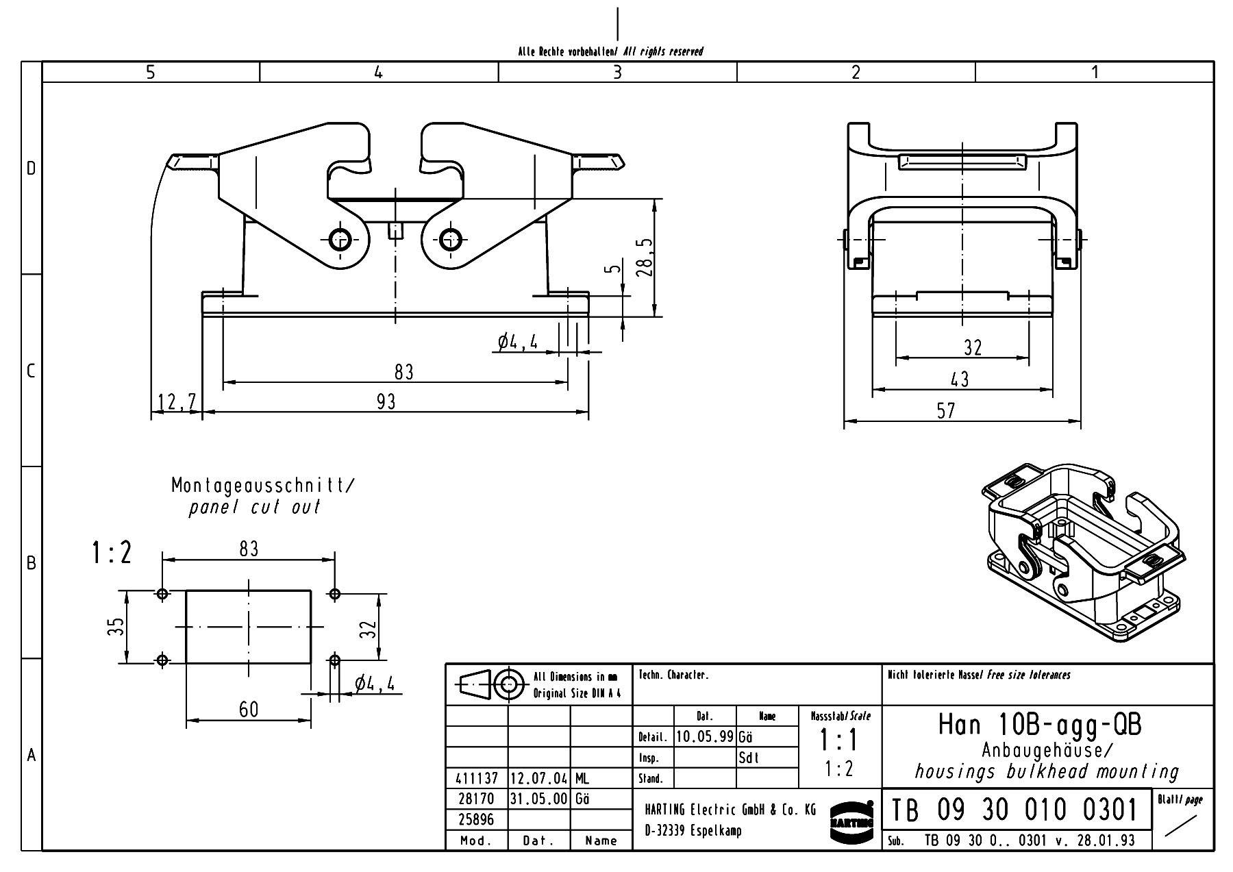 Teknisk ritning av en upphängningskomponent med dimensioner i millimeter. Huvudvy uppifrån, sidovy till höger, perspektivvy nere till höger.