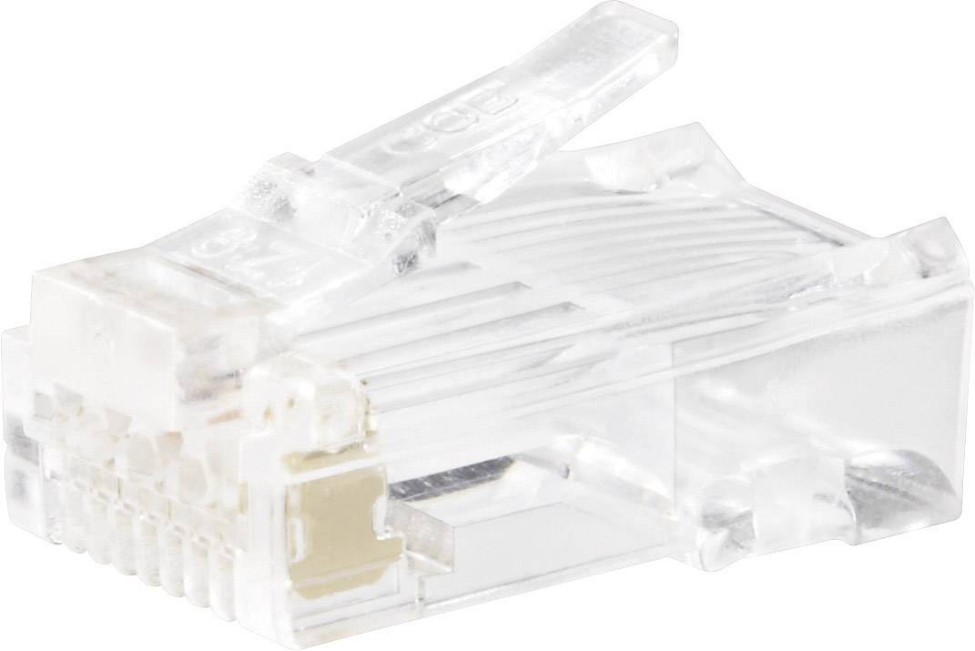 Närbild av en transparent RJ45-kontakt som används för nätverkskablar för att ansluta enheter till internet.