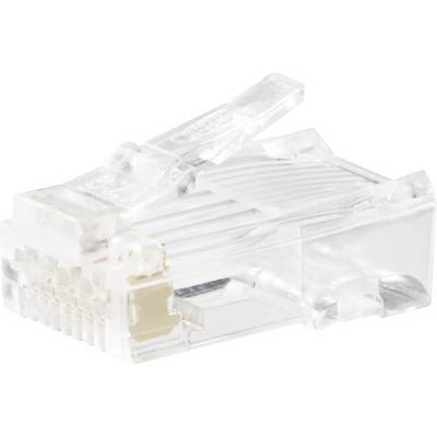 Närbild av en transparent RJ45-kontakt som används för nätverkskablar för att ansluta enheter till internet.