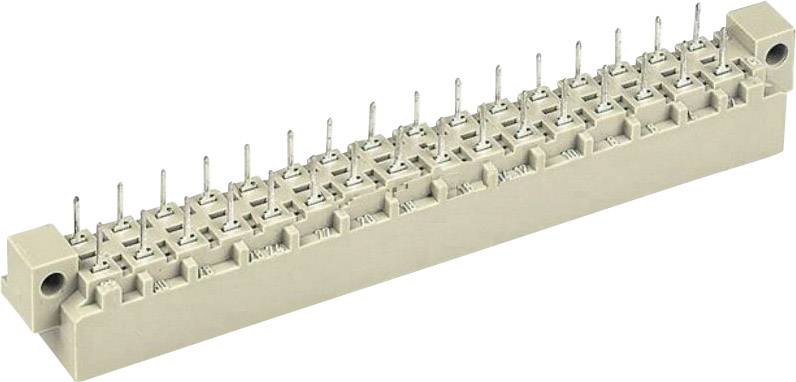 En rektangulär, beige kontakt med flera metallstift står upprätt. Användaren skulle kunna använda den för elektriska anslutningar.