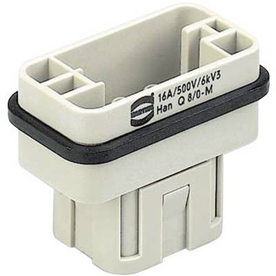 En tvåradig, rektangulär elektrisk kontaktdon i beige färg med svart tätning, märkt med '16A/500V/6kV3 Han Q 8/0-M'.