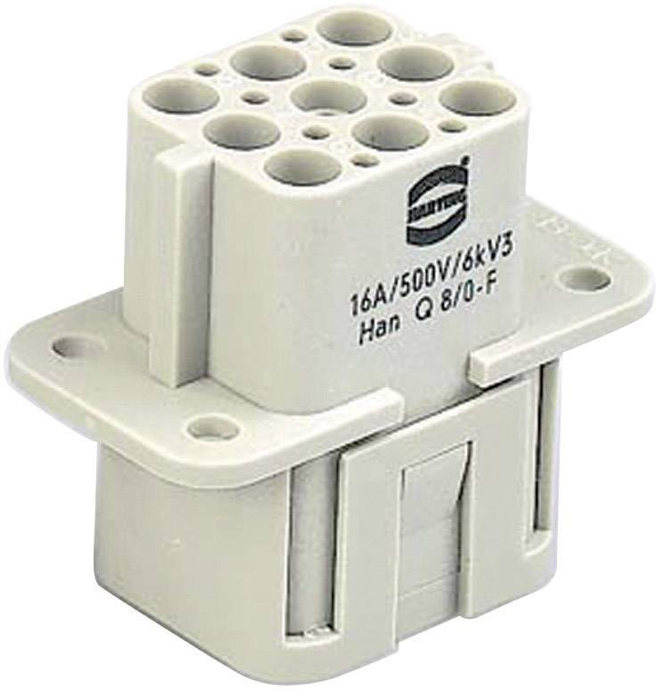 Elektrisk kontakt, grå färg, med flera runda öppningar överst, märkt med '16A/500V/6kV3 Han Q 8/0-F' på sidan.
