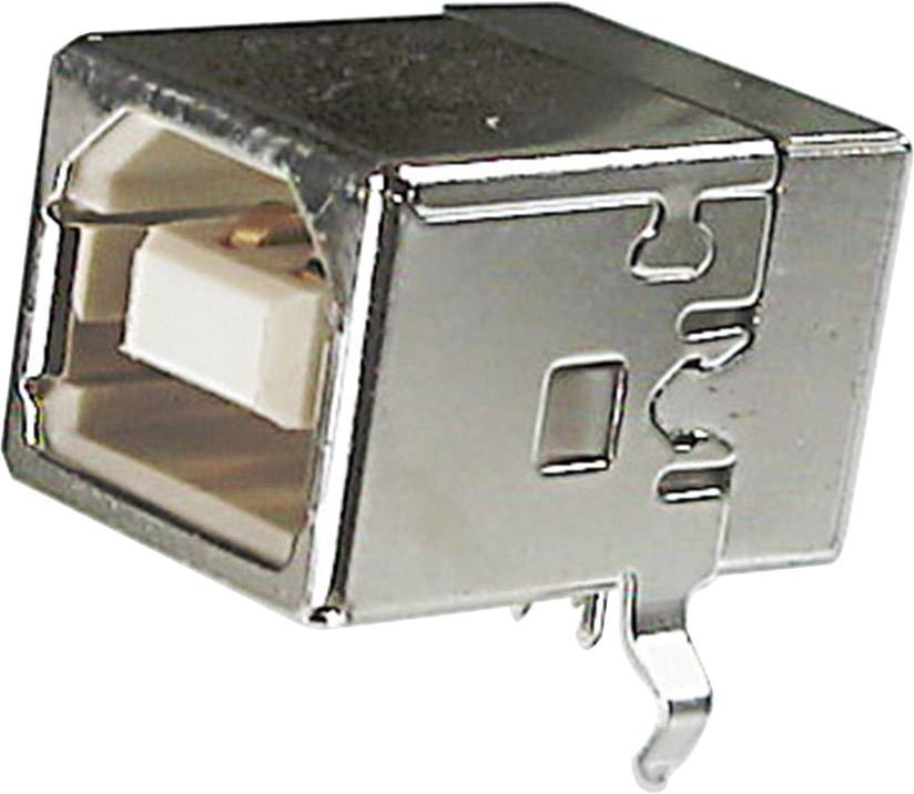 En rektangulär USB-B-kontakt i ett silverfärgat metallhölje, ofta använd i skrivare och andra enheter för anslutning till datorer.
