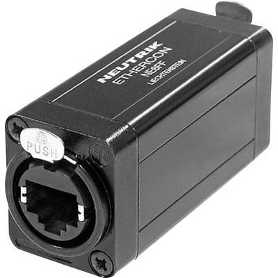 Svart Neutrik Ethercon nätverksadapter med pushås-låsning, rektangulär form, för säkra RJ45-anslutningar i ljudinstallationer.