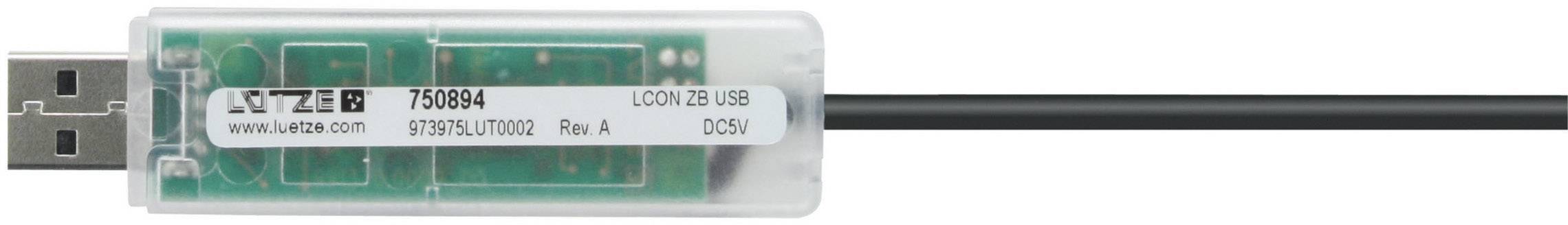 USB-enhet med genomskinligt hölje och svart kabel. (Etikett med teknisk information, inga synliga anslutningar förutom USB-kontakt.)