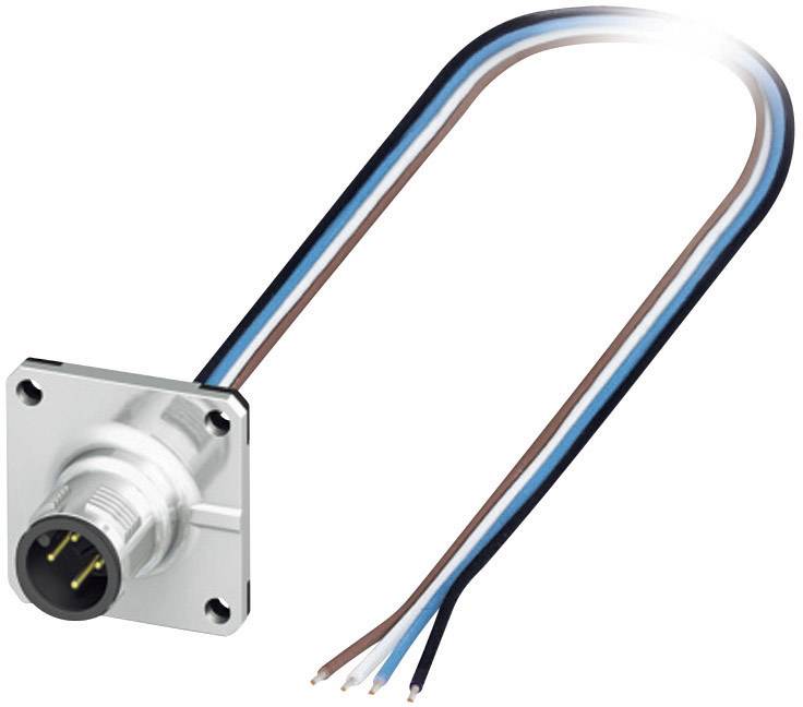 Avbildad är en elektronisk stickkontakt med fyra fria kabeländar i blått, brunt och svart, monterad på en plan monteringsplatta.