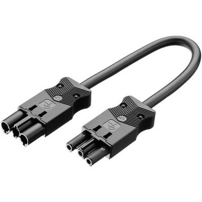 En svart nätverkskabel med två kontakter i varje ände. Båda kontakterna har tre runda stiftanslutningar och ett platt design.