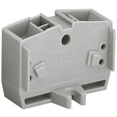Grå WAGO kopplingspunkt, modell 264, lämplig för 800V, 2,5 mm², enligt IEC 60998-2-2. Triangulära och rektangulära anslutningar synliga.