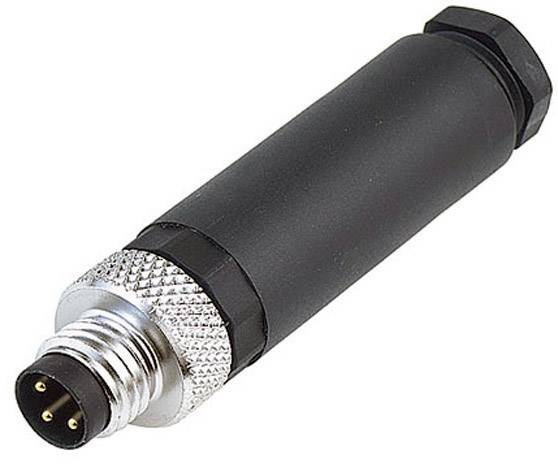 En svart, cylindrisk elektrisk kontakt med fyra metallstift.