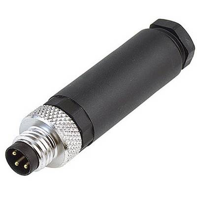 En svart, cylindrisk elektrisk kontakt med fyra metallstift.