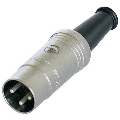 XLR-kontakt med tre metallstift, robust hölje i silverfärg och svart baksida, för audiokabelanslutningar.
