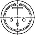 Teknisk ritning av ett eluttag med cirkulär kontur och tre öppningar för kontakter.