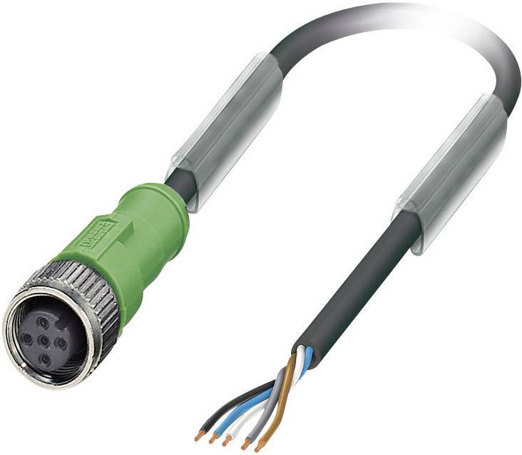 En grön, fempolig stickkabel med öppna färgade trådar i änden, lämplig för industriella anslutningar.