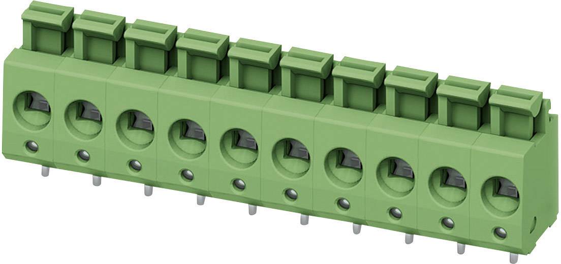 Grön kretskortskontakt med rader av anslutningsplatser. Lämplig för montering av elektroniska komponenter.