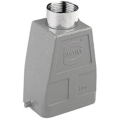 Industriellt kontaktdonhölje, grått, trapetsformat, med gängat lock upptill och Harting-logotyp på framsidan.