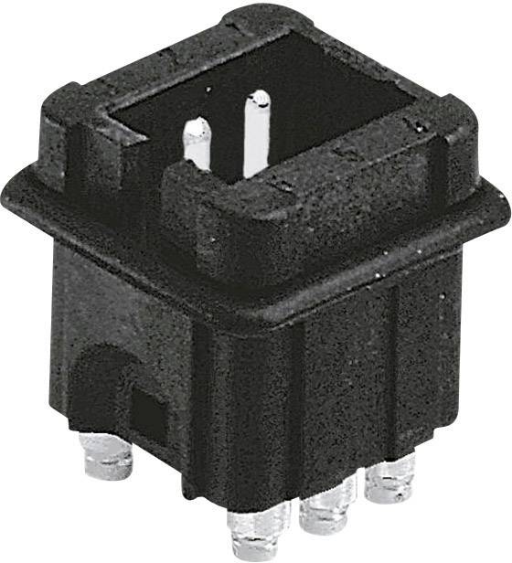 En svart, fyrkantig vippströmställare med sex metallstift; för elektroniska kretsar.