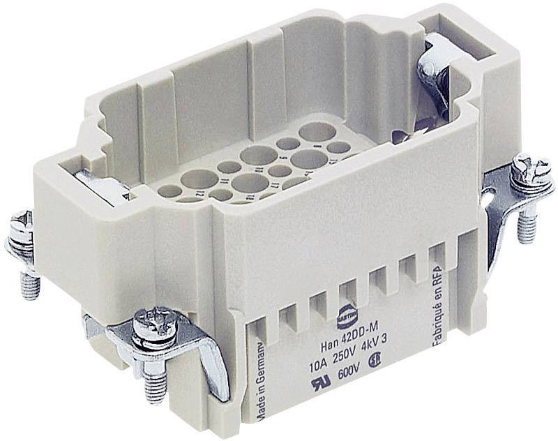 En rektangulär, grå multipolkontakt, lämplig för 10A, 250V. Märkning 'Han 42D-M'.