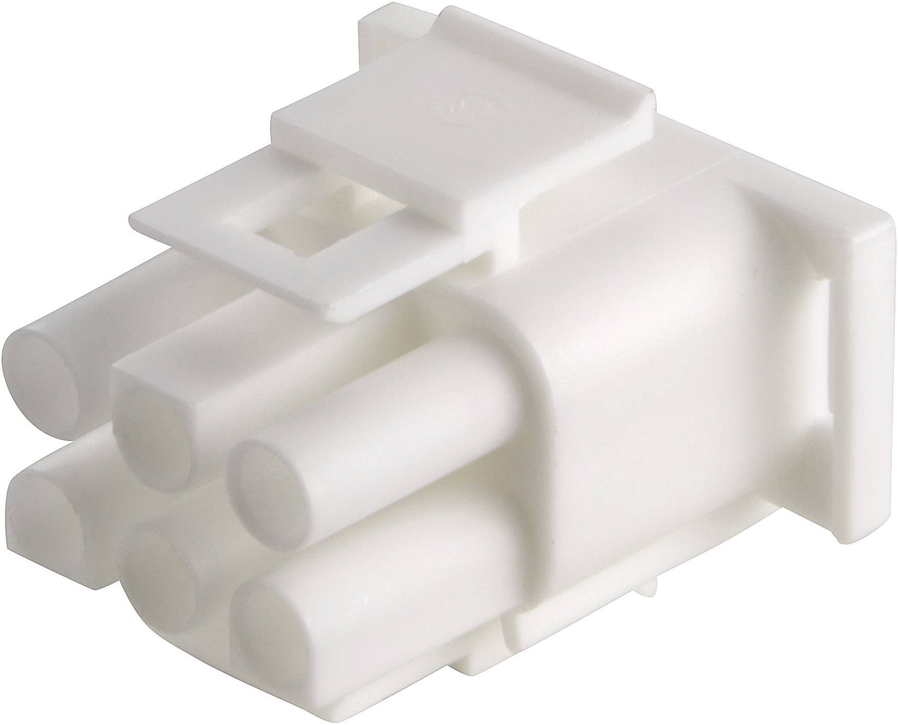 En vit, fyrpolig elektrisk kontakt med kvadratisk form och slät yta på en neutral bakgrund.