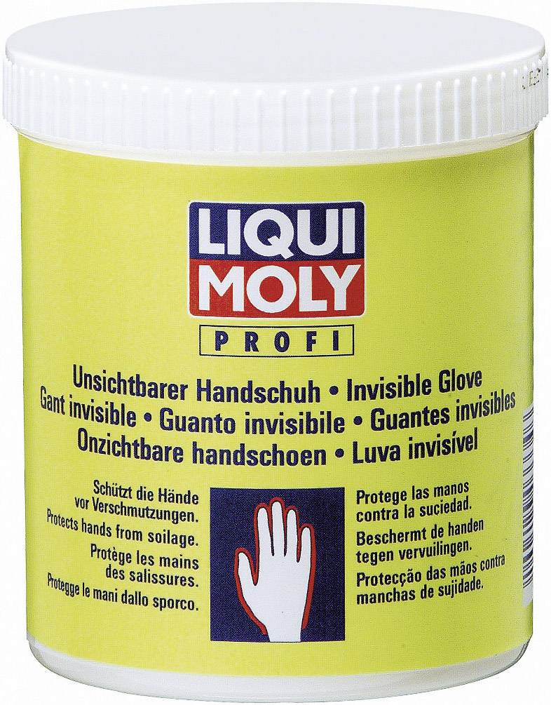 En gul burk märkt 'LIQUI MOLY PROFI'. Innehåller osynliga handskar som skydd mot föroreningar.