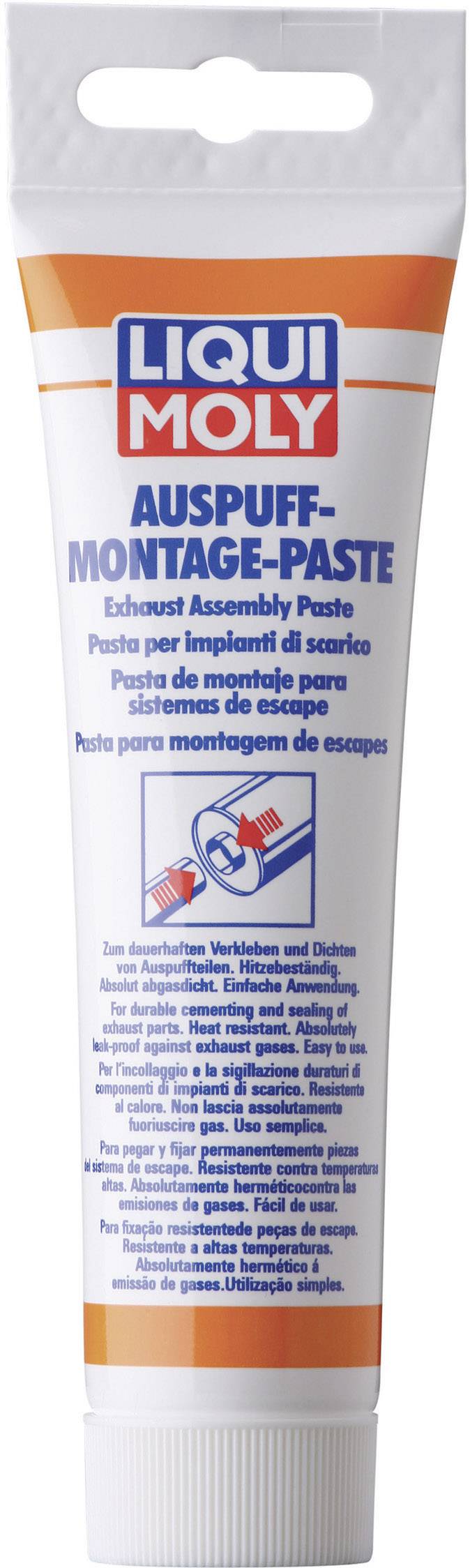 Tub med texten 'LIQUI MOLY Avgasmonteringspasta' för montering av avgassystem. Innehåller flerspråkig beskrivning och instruktioner.