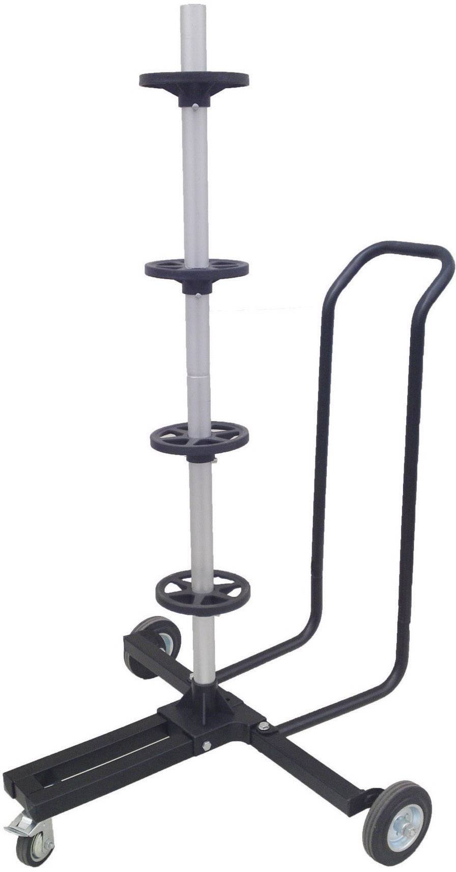 En mobil ställning för viktskivor med fyra hjul och ett handtag. Lämplig för förvaring och transport av träningsvikter.