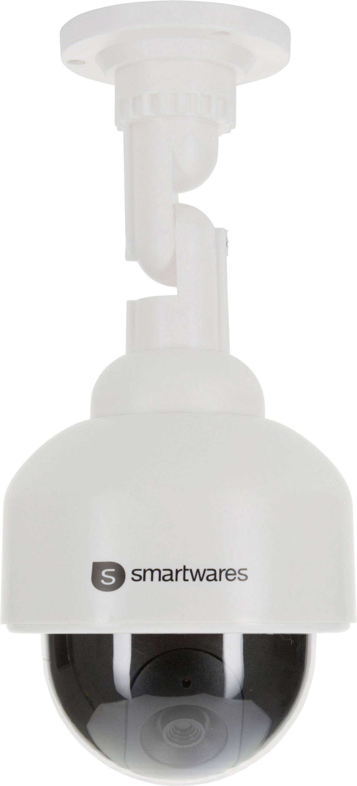 En vit övervakningskamera från märket 'Smartwares' som hänger från taket.