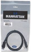 Ett nätverkskabel från märket 'Manhattan', svart. Lämplig för ljudanslutningar. Förpackad i genomskinlig plastförpackning.