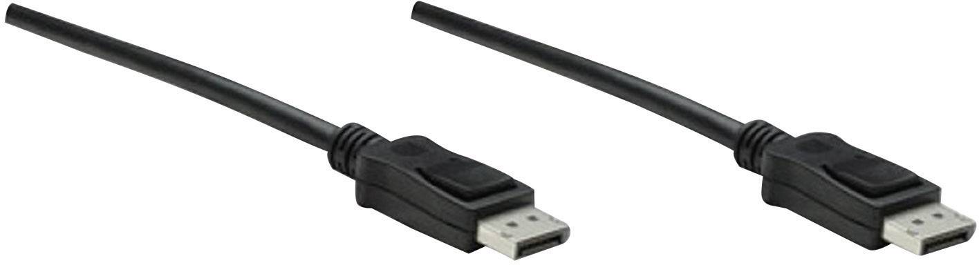 Två DisplayPort-kablar med svart kontakt och kablar som ligger parallellt. De är lämpliga för att ansluta skärmar till datorer.