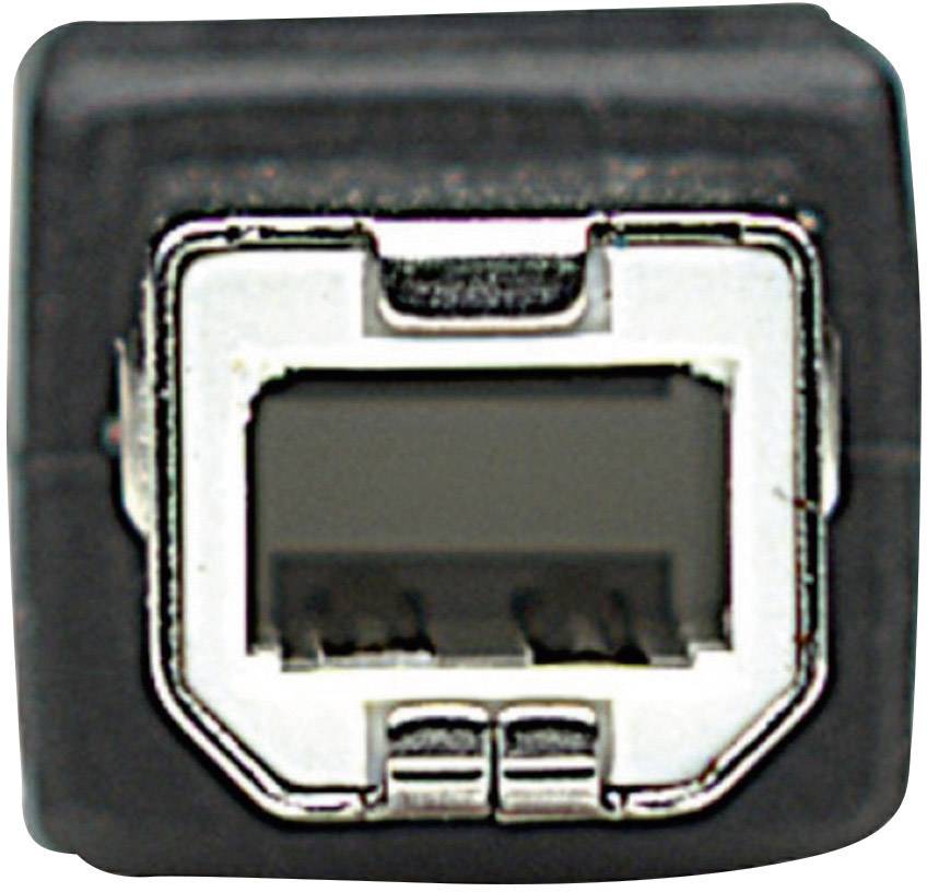 En USB-B-kontakt med rektangulär, avfasad design. Lämplig för anslutning till skrivare eller andra enheter.